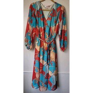 Jorge Perez Dress Sz L Red Orange Paisley Bright Sheer W Lining A-Line V-Neck